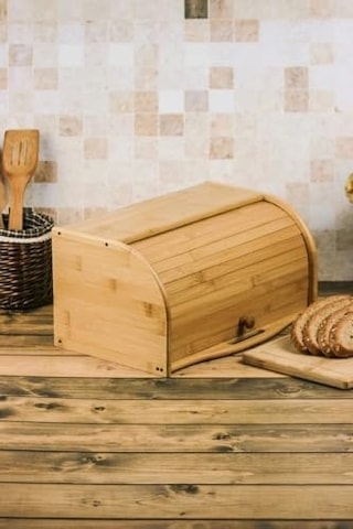 Bambu Lüks Panjur Kapaklı Büyük Ekmek Dolabı, Dolabı, Ekmek Sepeti Sandığı, Ekmeklik, Çok Amaçlı Bambu Kutu Açık Gri