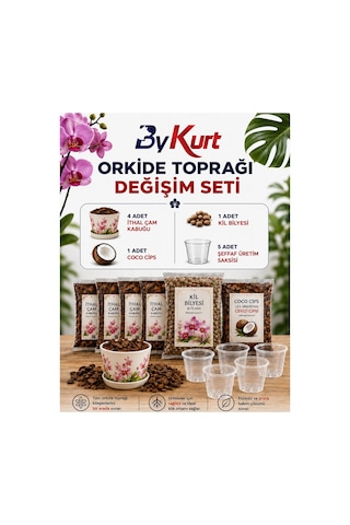 Orkide Toprağı Saksı Değişim Seti Premium - 4 Adet İthal Çam Kabuğu + Coco Cips + Kil Bilyesi + 5 Adet Şeffaf Orkide Saksısı Bakım Seti 6 L