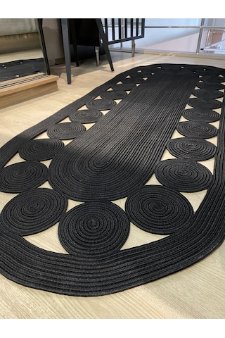 Mavaux Jüt Hasırlı El Örgüsü Kilim Siyah