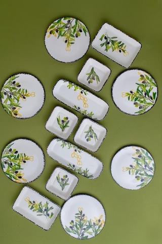 14 Parça 6 Kişilik Seramik Kahvaltı Takımı Zeytin Desenli Yuvarlak Kahvaltı Seti Beyaz - Yeşil