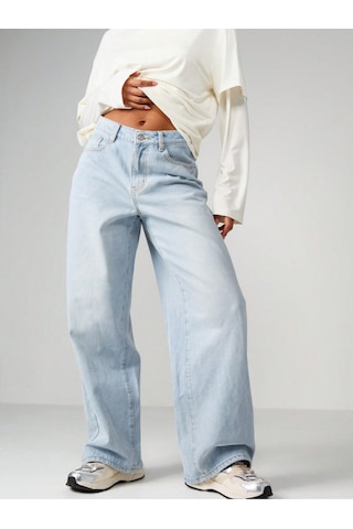 Buz Mavi Palazzo Pantolon Wide Leg Yüksek Bel Denim Jeans Mavi