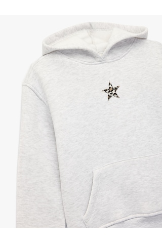 Koton Uzun Kollu Yıldız Detaylı Kanguru Cepli Kapşonlu Sweatshirt Kar Melanj 6wkg10557ak Gri Melanj