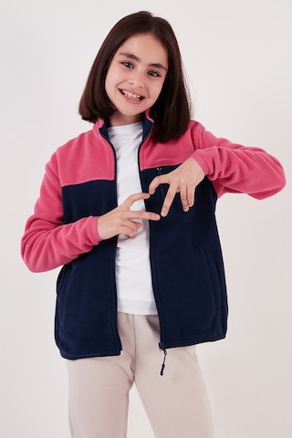 Lela Yumuşak Dokulu Fermuarlı Renk Bloklu Dik Yaka Cepli Hırka Unisex Çocuk Polar 5905001 Fuşya-Lacivert
