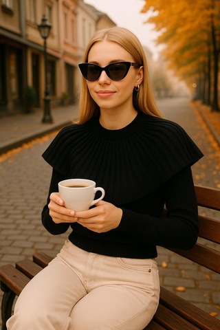 Hira Life Fashion Kadın Fırfır Detaylı Kısa Kazak Siyah Siyah