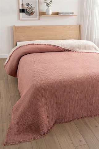 Tek Kişilik 4 Kat Müslin Yatak Örtüsü - %100 Pamuk, Çift Taraflı Müslin Pike - 170x240 Cm - Kiremit