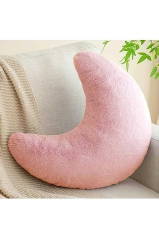 Trendooze 30x25cm Pembe Tüylü Ay Yastığı, Yumuşak Dekoratif Minder Pembe