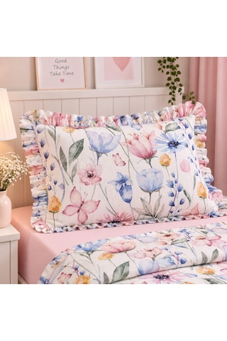 Sallhome Çiçek Bahçesi Desenli Fırfırlı Tek Kişilik Pike Takımı Açık Pembe