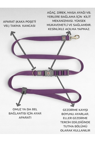 Caramelos Hands-free Eller Serbest Gezdirme Kayışı- Köpek Gezdirme Kayışı - Eller Serbest- Köpek Gezdirme İpi Lila