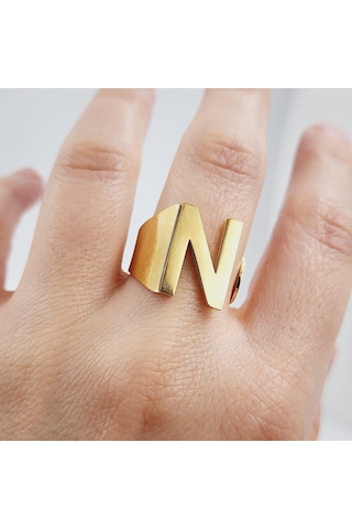 Çelik Gold Düz Kesim Harf Yüzük -n Harfi- Ayarlı Ölçü-1898 Altın