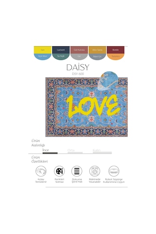 Cool Halı Daisy Mavi Halı Yıkanabilir Çiçekli Dokuma Şönil Halı Etnik Desen Vintage Ev Oda Halısı