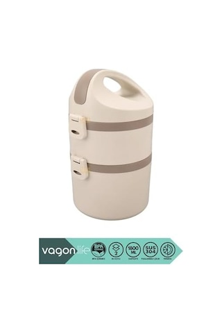 Bento 1800ml Lunchbox 2 Katlı 4-6 Saat Sıcak/soğuk Termos Özellikli Çelik Sefer Tası Yemek Kutusu Bej Bakır
