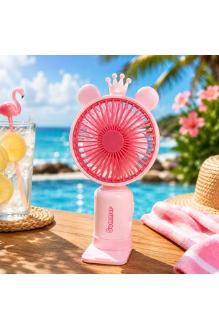 Vıp Yüksek Kalite Pembe Mini El Fanı 2 Kademeli Hız Şarjlı El Fanı Renkli Led Işıklı Plajda Çadırda