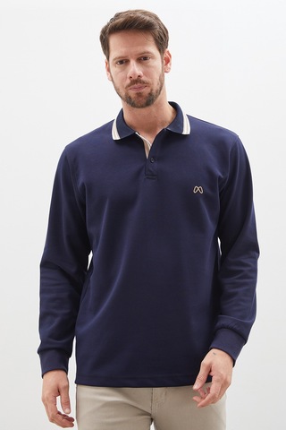 Fullamoda Nakışlı Yarım Düğmeli Polo Yaka Modal Sweatshirt Lacivert