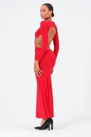 Arka Zincirli Taş Detay Elbise-Kırmızı