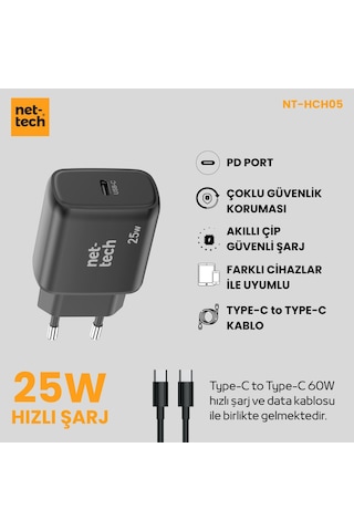 Nettech Nt-hch05 Pd 25w Type-c To Type-c Şarj Aleti Siyah