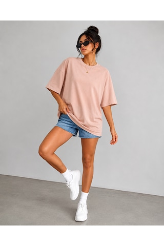 Polymood Kadın Oversize %100 Organik Pamuk Yakası Ribanalı T-shirt Pudra Polymood Kadın Oversize %100 Organik Pamuk Yakası Ribanalı T-shirt Pudra