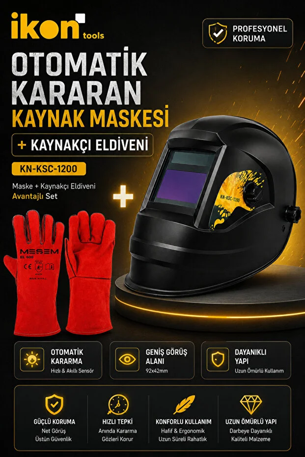 İkon Tools Otomatik Kararan Kaynak Maskesi Kn-ksc-1200 Kaynakçı Eldiveni Seti Dın 9-13 Tıg Mıg Mma Uyumlu
