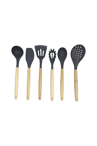 Ivory Doğal Bambu Saplı %100 Silikon Mutfak Seti 6 Parça Gri