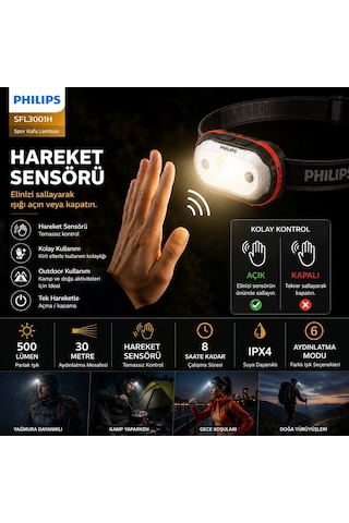 Philips SFL3001H/62 LED Sensörlü Kafa Lambası 3W IPX4 Suya Dayanıklı Hareket Sensörlü 3xAAA Pilli