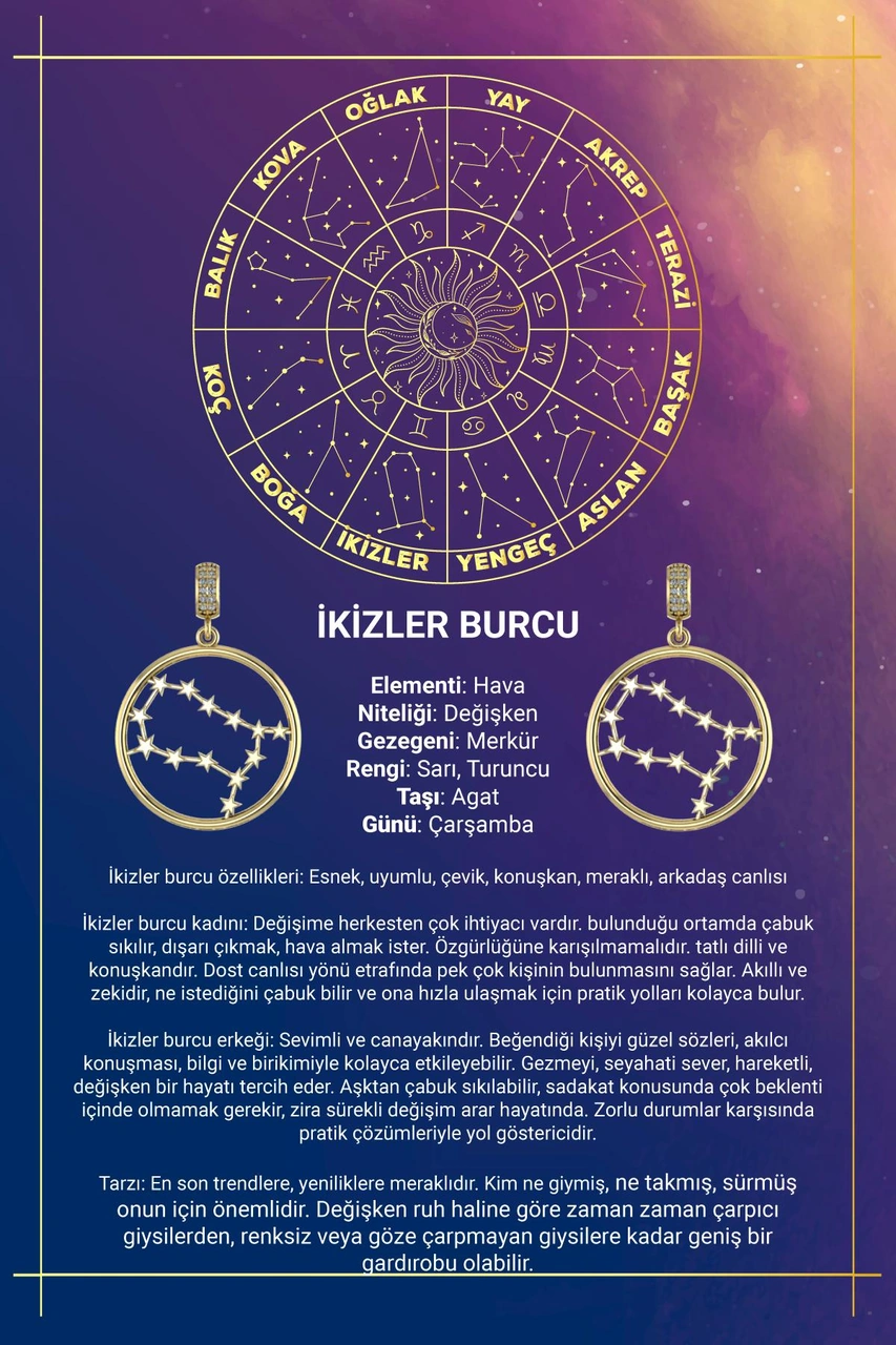 14 Ayar Altın İkizler Burcu Kolye Ucu Burç Yıldız Haritası Beyaz Altın