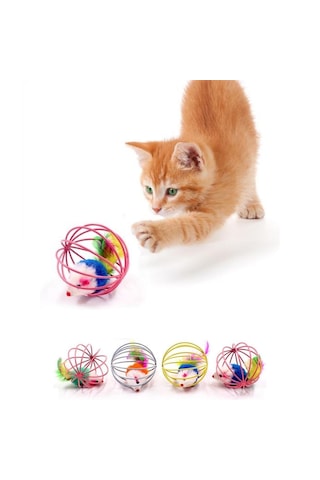 Renkli Metal Kafesli Peluş Fareli Kedi Köpek Oyuncağı Oyun Topu 6 Cm 5673