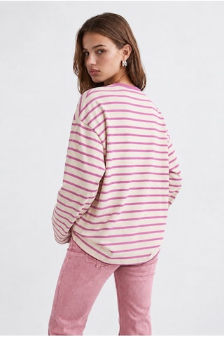 Mixray 2236 Çizgili Bisiklet Yaka Uzun Kol Oversize Sweatshirt Pembe