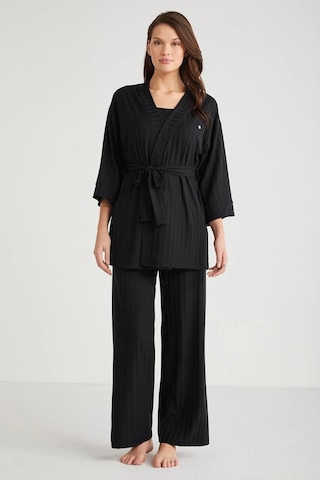 Penye Mood 3lü Kısa Kol Sabahlık Pijama Takımı Siyah