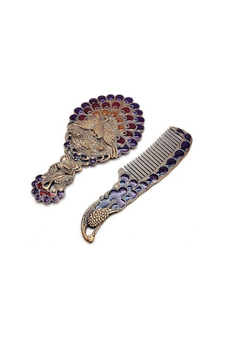 Ctbx Vintage Sap Peacock Tarak İki Parçalı Taşınabilir Makyaj Aynası Bakır
