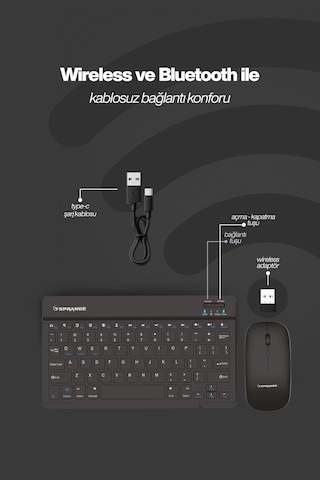 Sprange Tablet Ve Telefonlar İçin Bluetooth - Wireless Klavye Ve Mouse Set - Siyah Optik