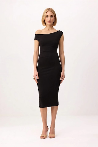 Benerly Kadın Asimetrik Yaka Düşük Kol Bodycon Midi Elbise Silky İnterlok Siyah