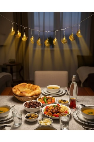 Pilli Minareli Hilal Led Işık Gold Metal Ramazan Dekorasyonu 1