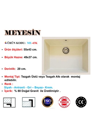 Meyesin ME-43K Tezgah Altı Granit Mutfak Eviyesi Krem 43 x 55 CM