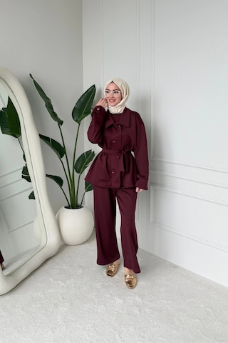 Mihran Butik Sophie Model Bel Kemer Ve Düğme Detaylı Kadın Takım Bordo Çok Renkli