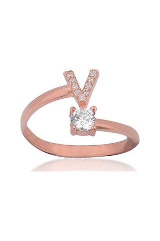 Zirkon Taşlı Pırlanta Montür Rose Altın Kaplama V Harfli Gümüş Yüzük Gümüş - Rose Gold