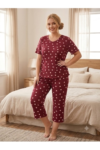Büyük Beden Kısa Kol Pamuklu Ultrasoft Likralı Kapri Pijama Takımı 8652 Bordo