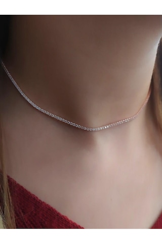 Gümüş Kısa Choker Rose Su Yolu Taşlı Kolye Ko9e67 Altın - Gümüş