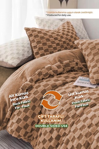 Evlen Home Çift Taraflı Kişilik Kürk Yorgan Uyku Seti Yumuşak Dolgulu Yatak Örtüsü 3 Parça Polo Kahverengi