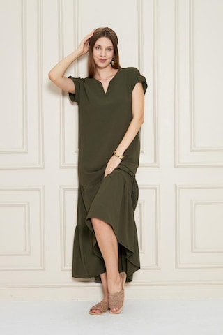 Kadın Uzun Eteği Fırfırlı Kısa Kol Apolet Detaylı Salaş Günlük Rahat Elbise 3761366 Haki