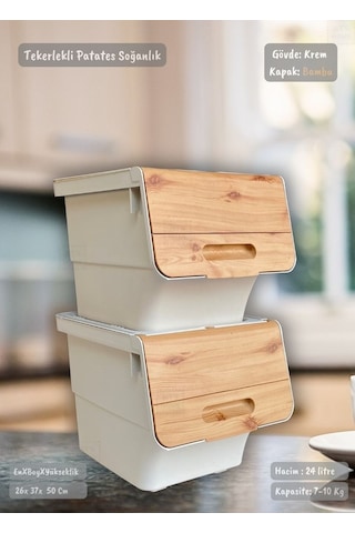 2'li Bambu Patates Soğan Sepeti Tekerlekli Kapaklı Havalandırmalı 24 Litre Sebzelik Organizer
