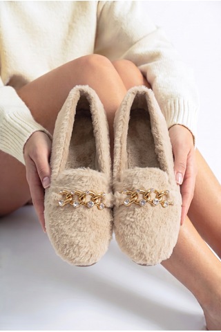 Nmoda Kadın Peluş Panduf Gold Zincir Taşlı Aksesuarlı Kapalı Loafer Yumuşak Tabanlı Kışlık Rahat Babet Krem