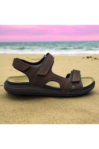 240105 Ortopedik Taban Erkek Sandalet Erkek Cırtlı Sandalet Kahverengi