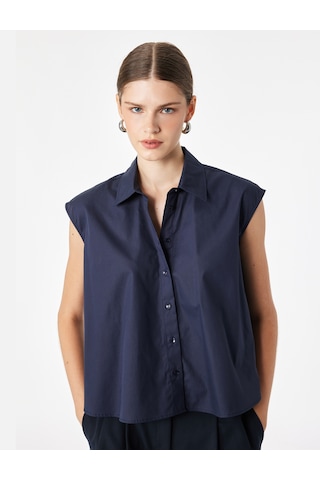 Koton Pamuklu Boxy Fit Kolsuz Poplin Gömlek Lacivert 7wak60150pw