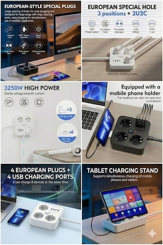Akım Korumalı Avrupa Soket Kartı Tip-c Usb 2 M Uzatma Kablosu Emniyet Anahtarı İle