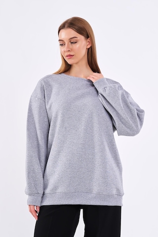 Comeor Gri Kadın Pamuklu Oversize Basic Bisiklet Yaka Sweatshirt 001