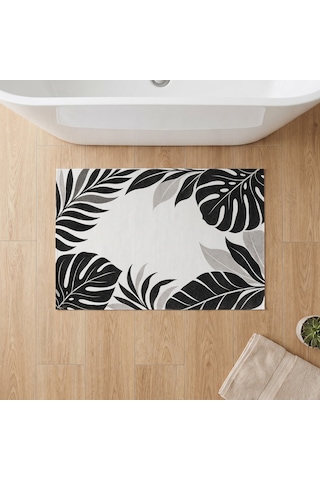 Kartela Halı Botanik Yaprak Desenli Banyo Paspası Siyah Beyaz Kaymaz Taban 60x90 Cm