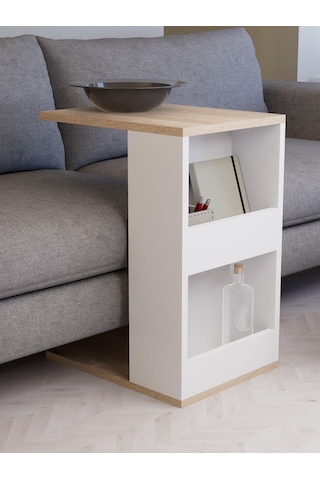 Dergilikli Raflı C Yan Sehpa, %100 Mdf Sonoma/beyaz Beyaz