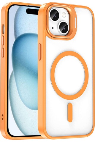 Apple Uyumlu iPhone 15 Kılıf M-safe Şarj Özellikli Standlı Zore M-safe Klon Lensli Kapak Turuncu