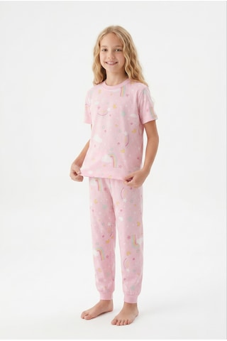 Alkın Kids 3-13 Yaş Kız Çocuk Gökkuşağı Desenli %100 Pamuklu Kısa Kollu Pijama Takımı Pembe