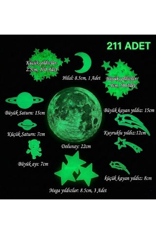 Merty Avm Fosforlu Yıldız Sticker 211 Adetli Galaksi Seti Karanlıkta Parlayan Yıldızlar Çocuk Odası Duvar Tavan Süsü Stc-211