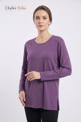 Eşiler Triko Kadın Violet Zambak Desen Yaka Ve Kol Işlemeli, Taşlı Anne Penye Bluz